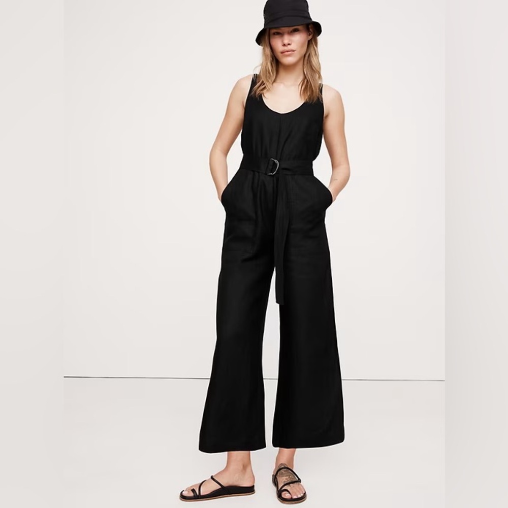 NEW! Banana Republic Black Linen Belted Wide-Leg Jumpsuit - Size 14 🌅4️⃣